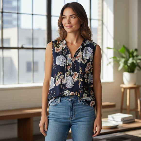 Daniel Rainn 100% Silk Navy Floral Top Womens Size 1X Tasseled Boho Tank - Picture 10 of 10